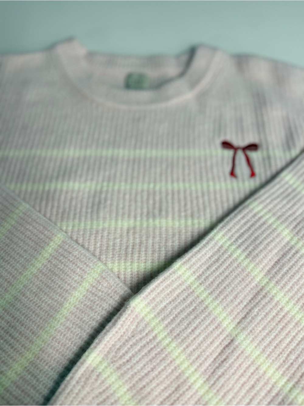 a new day Light Pink and Cream Striped Crewneck Sweater with Red Bow - Picture 2 of 6